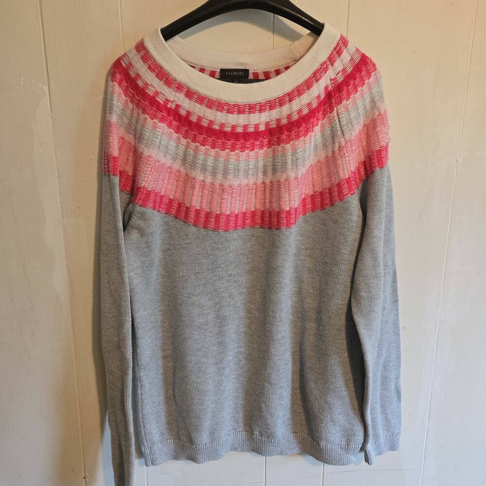 Talbots Women's Rib Yoke Crewneck Sweater Long Sleeve Pink Gray Small